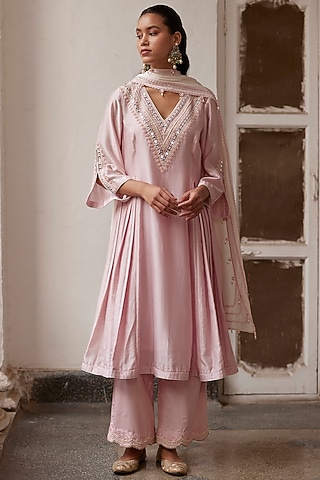 Pink Chanderi Dori & Mirror Work Anarkali Set by Label RSD