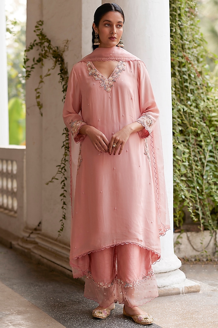 Pink Satin Georgette Hand Embroidered Kurta Set by Label RSD