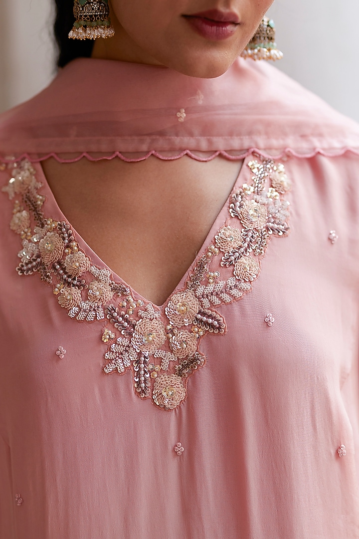Pink Satin Georgette Hand Embroidered Kurta Set by Label RSD at Pernia's Pop Up Shop