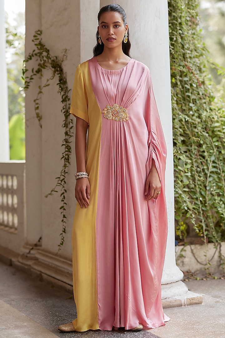 Pink & Yellow Satin Georgette Motif Hand Embroidered Kaftan Dress by Label RSD