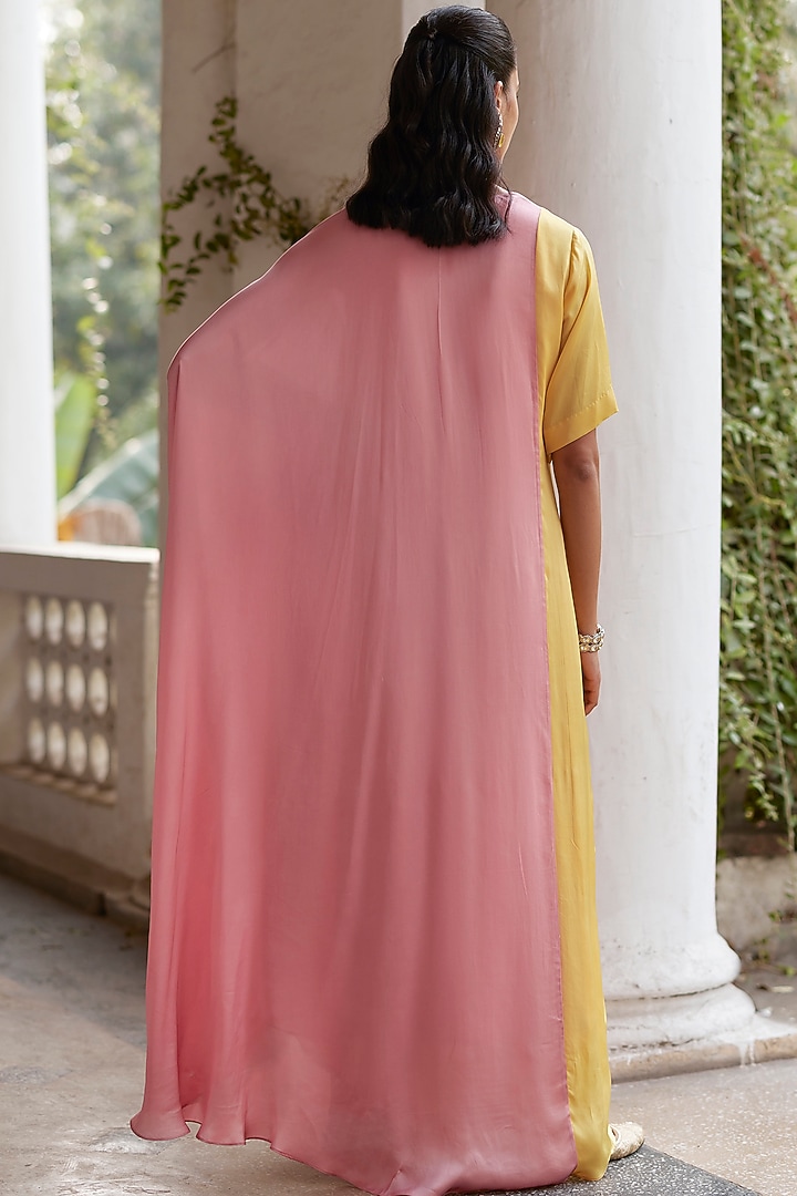 Pink & Yellow Satin Georgette Motif Hand Embroidered Kaftan Dress by Label RSD at Pernia's Pop Up Shop