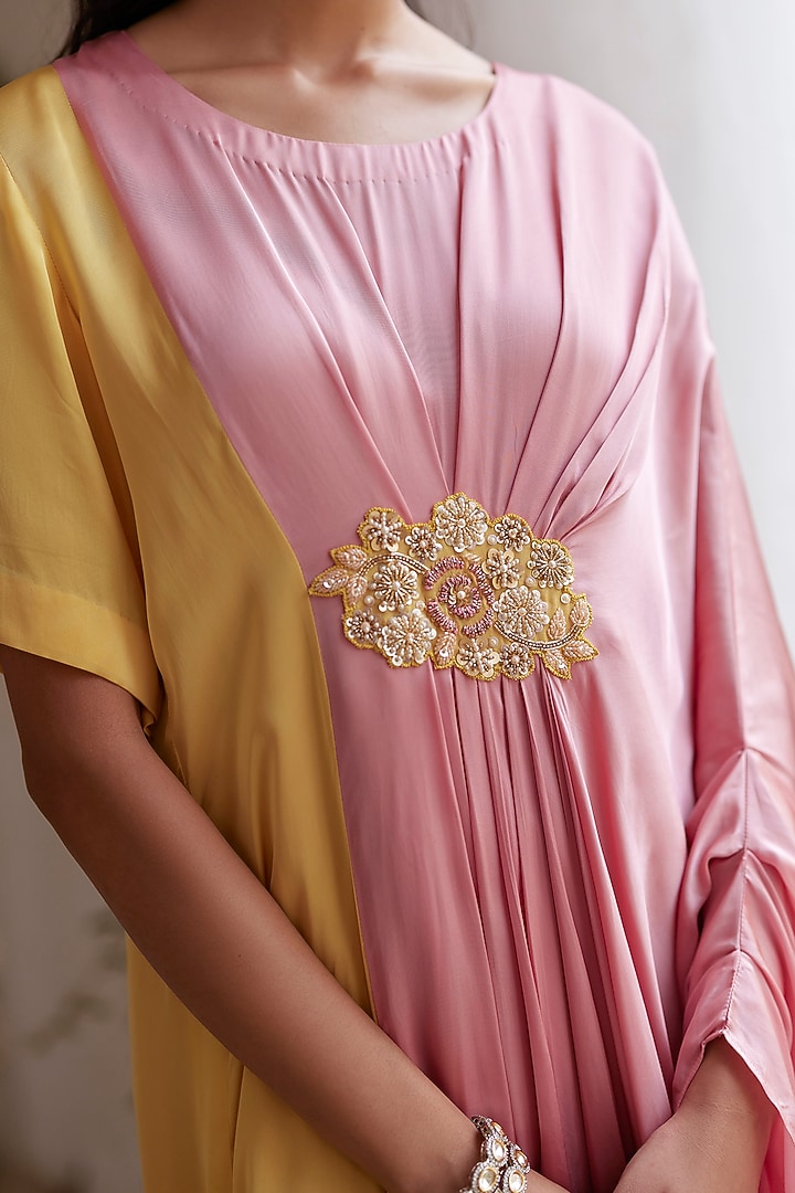 Pink & Yellow Satin Georgette Motif Hand Embroidered Kaftan Dress by Label RSD at Pernia's Pop Up Shop