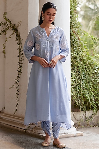 Blue Chanderi Sequins & Applique Kurta Set by Label RSD