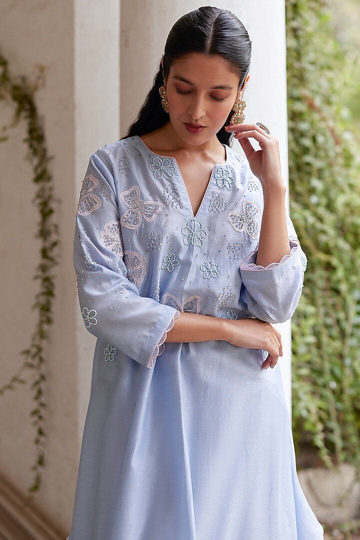 Blue Chanderi Sequins & Applique Kurta Set by Label RSD at Pernia's Pop Up Shop