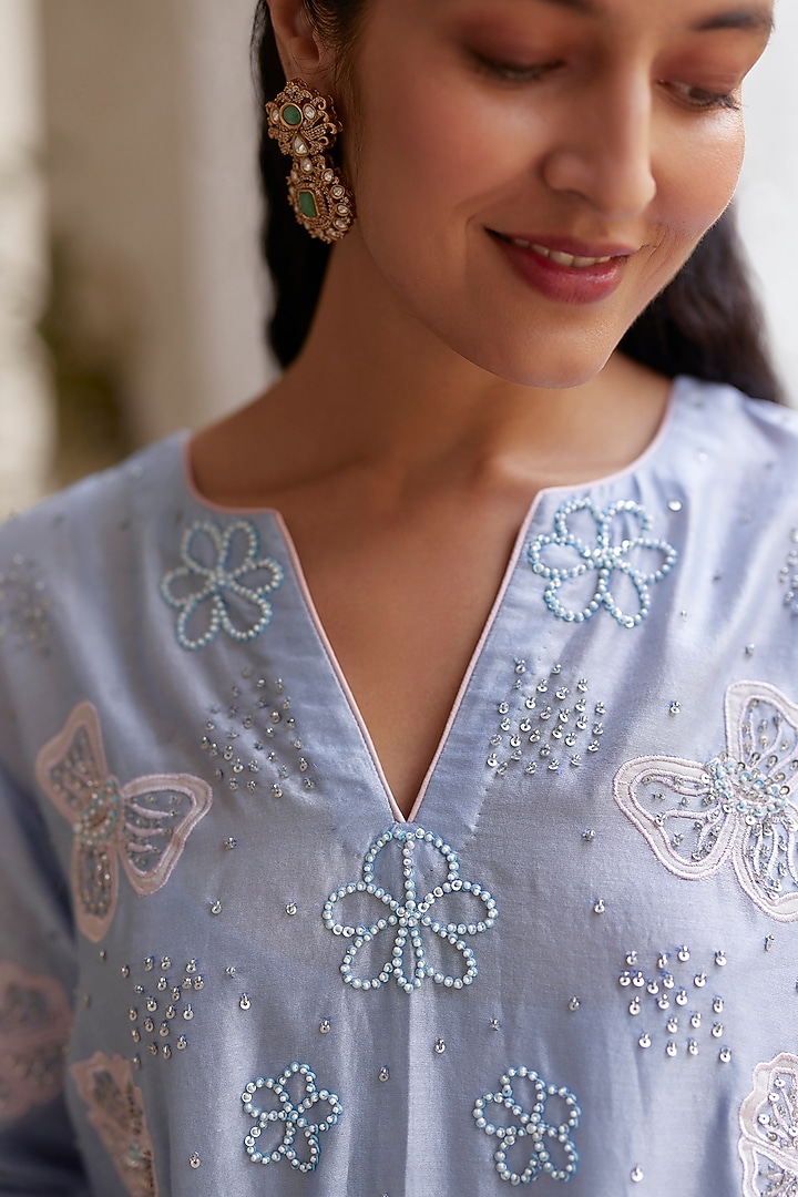 Blue Chanderi Sequins & Applique Kurta Set by Label RSD at Pernia's Pop Up Shop