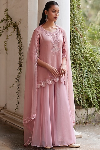 Rose Pink Satin Organza Sharara Set by Label RSD
