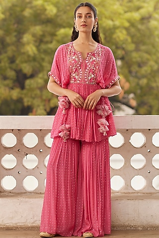 Hot Pink Chiffon Mukaish Gharara Set by Label RSD