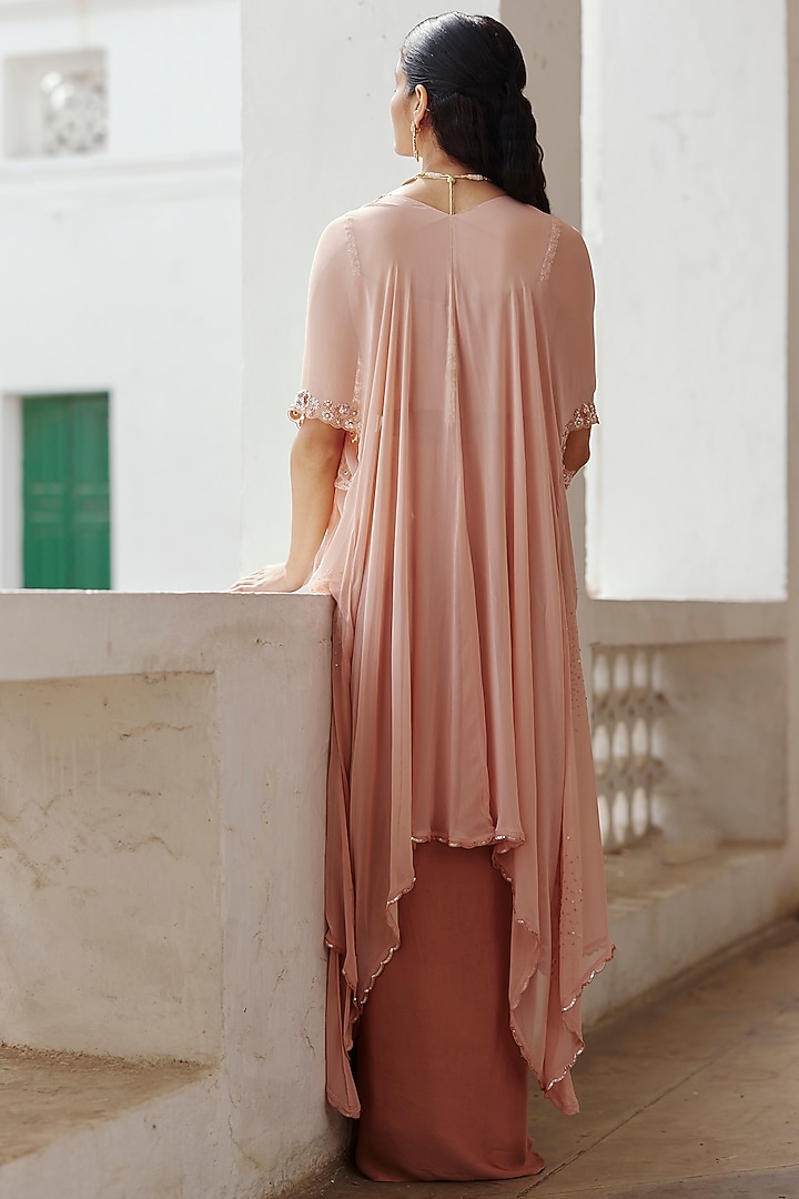 Peach Georgette Sequins & Glass Beads Hand Embellished Cape Set by Label RSD at Pernia's Pop Up Shop