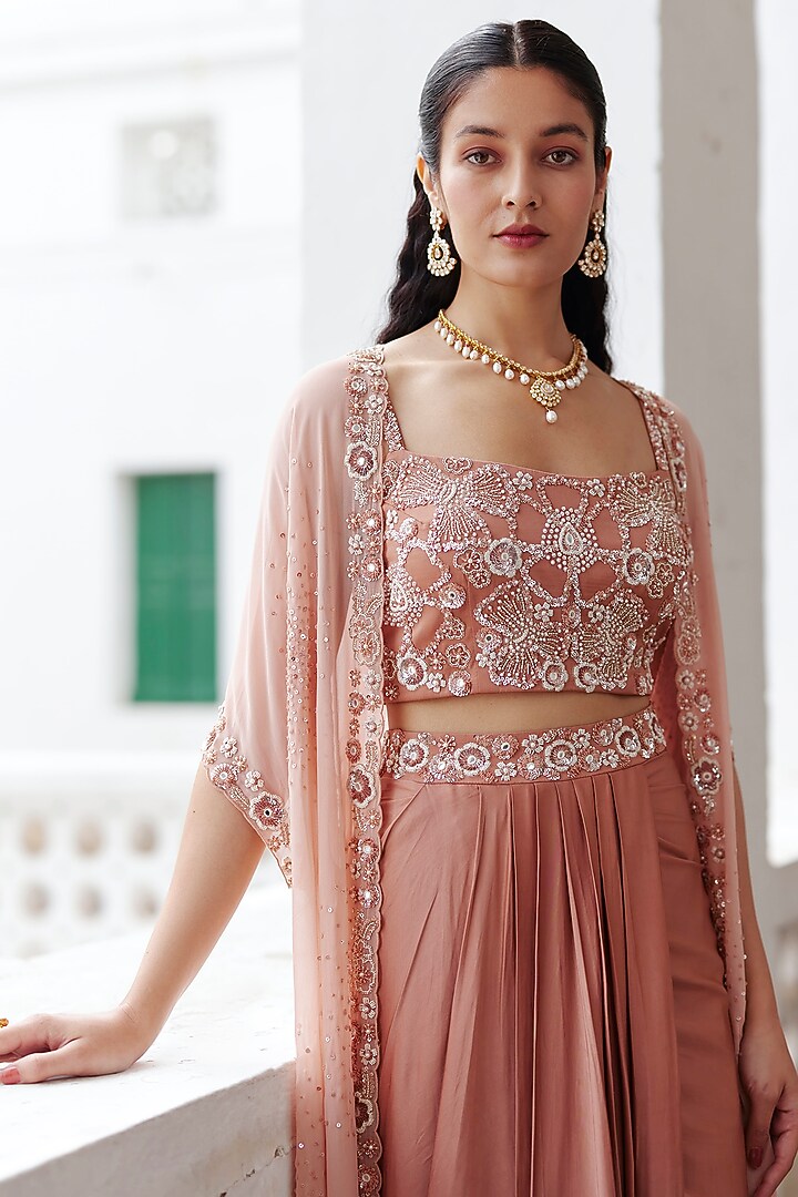 Peach Georgette Sequins & Glass Beads Hand Embellished Cape Set by Label RSD at Pernia's Pop Up Shop