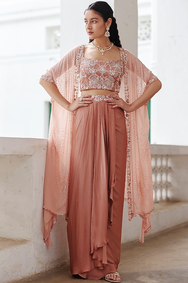 Peach Georgette Sequins & Glass Beads Hand Embellished Cape Set by Label RSD at Pernia's Pop Up Shop