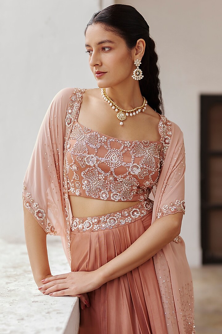 Peach Georgette Sequins & Glass Beads Hand Embellished Cape Set by Label RSD at Pernia's Pop Up Shop