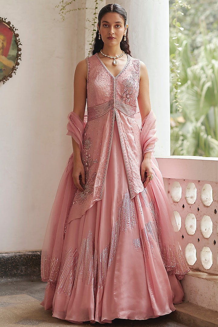 Rose Pink Satin Organza Bugle Beads & Pearl Hand Embroidered Wedding Lehenga Set by Label RSD at Pernia's Pop Up Shop