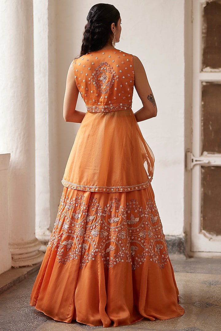 Orange Satin Organza Bugle Beads & Metallic Thread Hand Embellished Wedding Lehenga Set by Label RSD at Pernia's Pop Up Shop