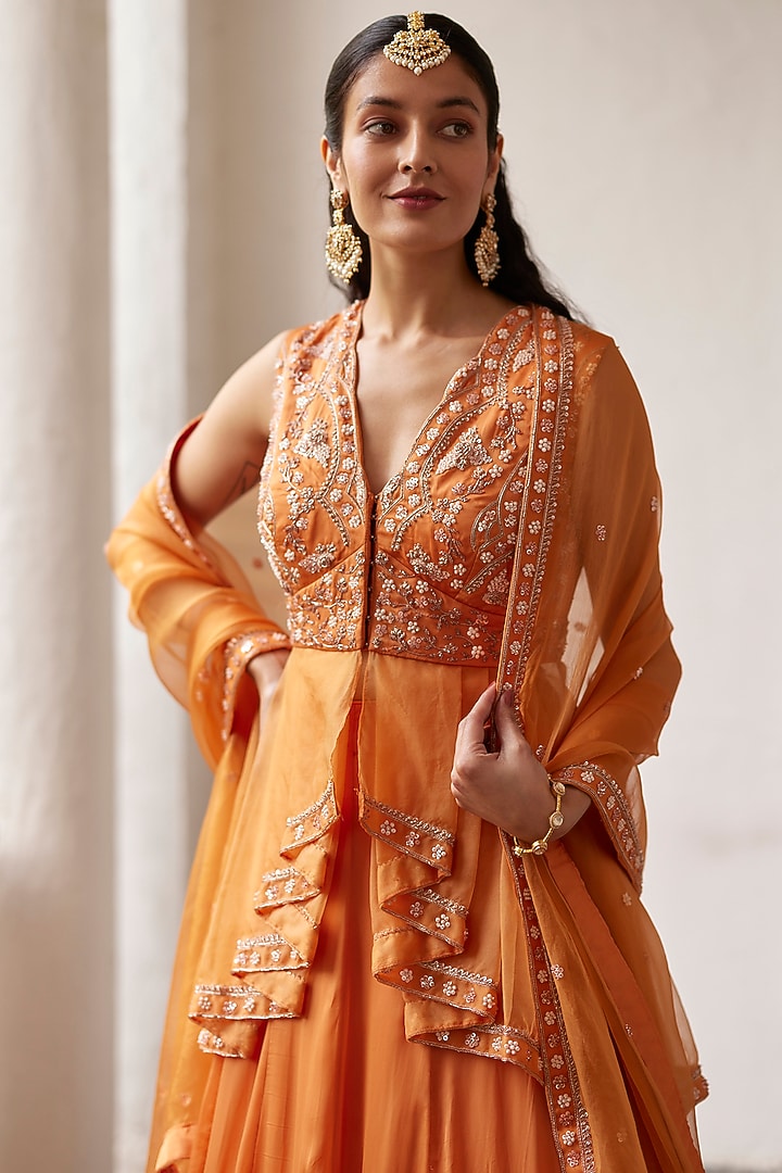 Orange Satin Organza Bugle Beads & Metallic Thread Hand Embellished Wedding Lehenga Set by Label RSD at Pernia's Pop Up Shop