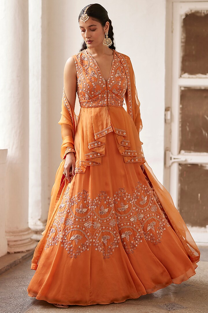Orange Satin Organza Bugle Beads & Metallic Thread Hand Embellished Wedding Lehenga Set by Label RSD at Pernia's Pop Up Shop