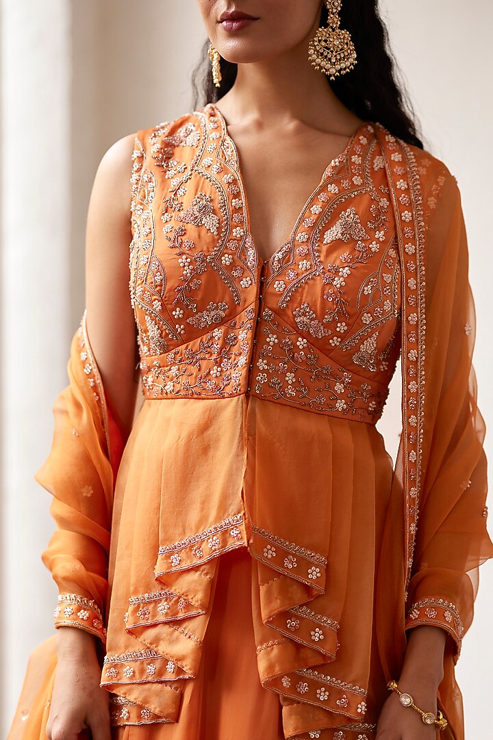Orange Satin Organza Bugle Beads & Metallic Thread Hand Embellished Wedding Lehenga Set by Label RSD at Pernia's Pop Up Shop