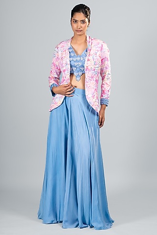 Blue Organza & Silk Pant Set by Label Sayaanika