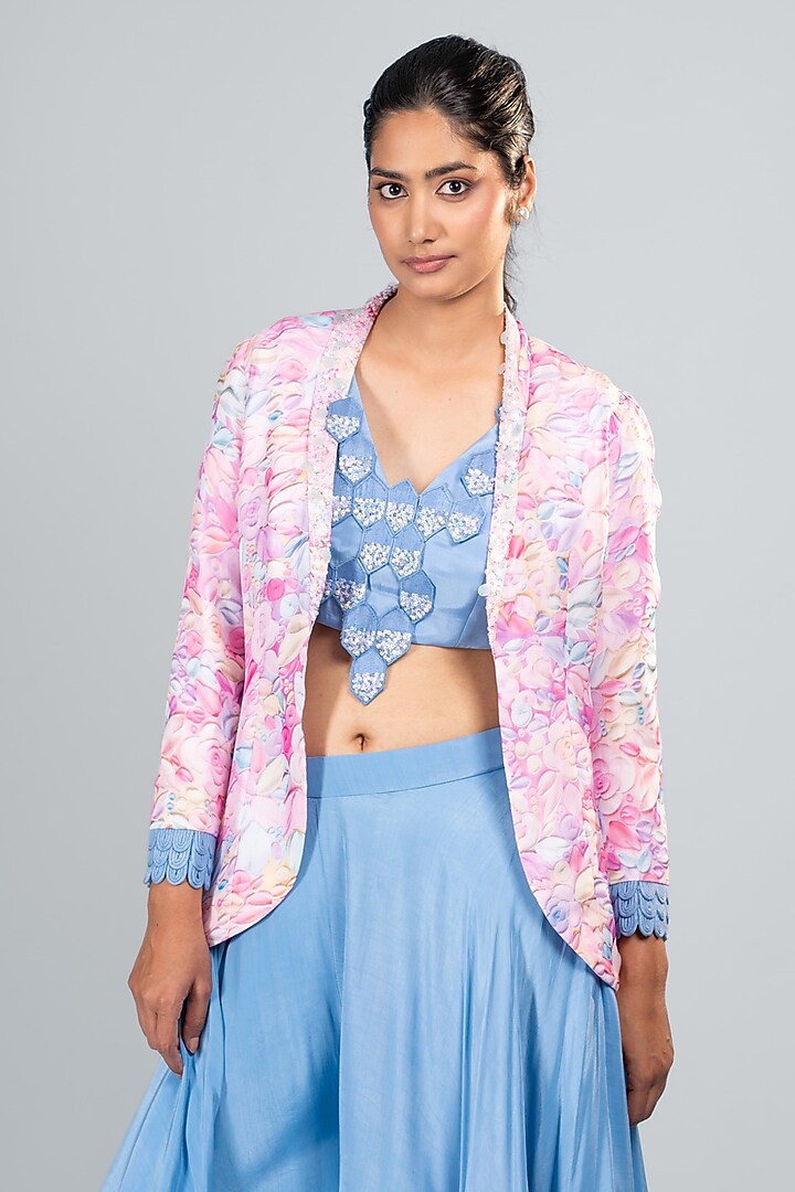 Blue Organza & Silk Pant Set by Label Sayaanika at Pernia's Pop Up Shop