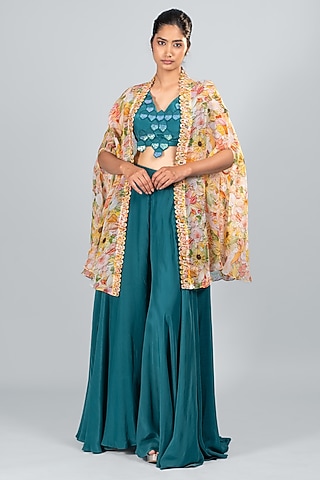 Teal Blue Organza & Silk Pant Set by Label Sayaanika