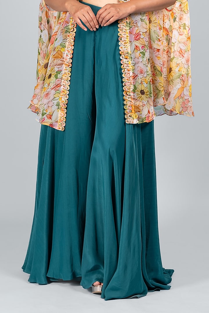 Teal Blue Organza & Silk Pant Set by Label Sayaanika at Pernia's Pop Up Shop