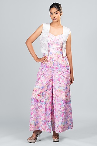 Pink Organza & Dola Silk Floral Printed Jumpsuit With Jacket by Label Sayaanika