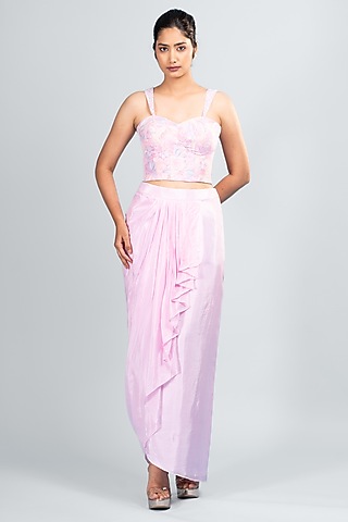 Pink Silk Draped Skirt Set by Label Sayaanika