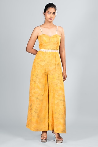 Orange Organza & Silk Floral Printed Jumpsuit With Belt by Label Sayaanika