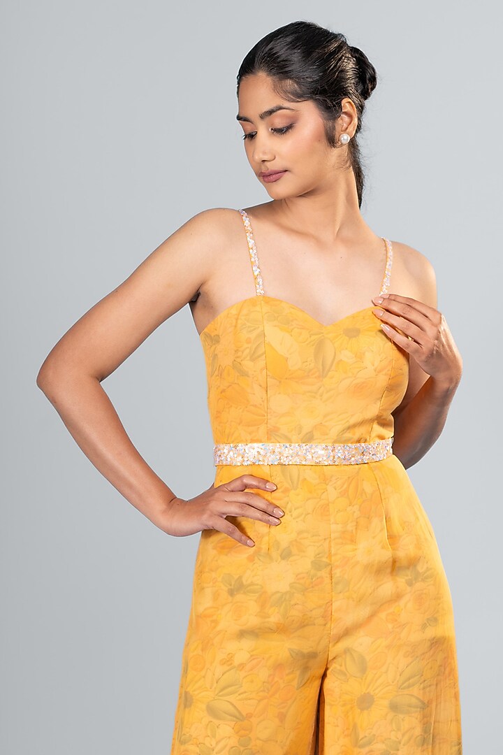 Orange Organza & Silk Floral Printed Jumpsuit With Belt by Label Sayaanika at Pernia's Pop Up Shop