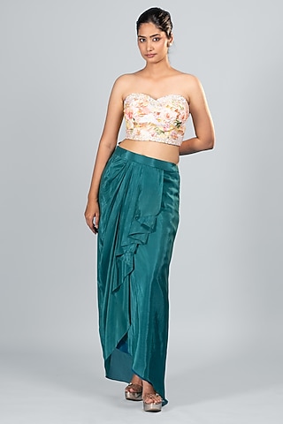 Teal Blue Silk Draped Skirt Set by Label Sayaanika