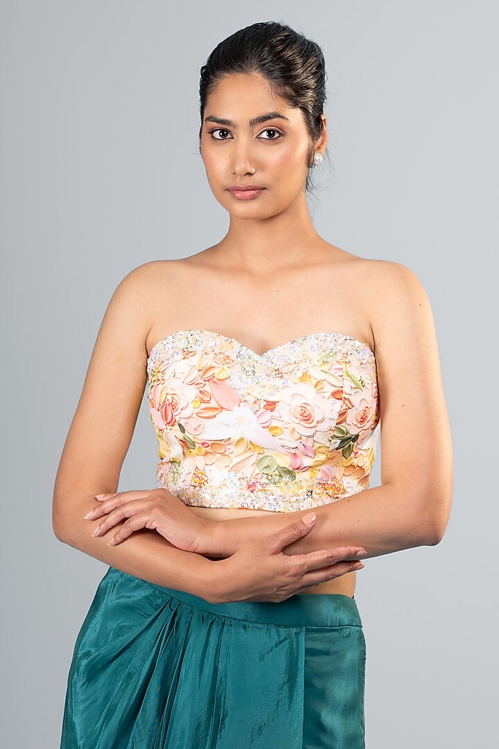 Teal Blue Silk Draped Skirt Set by Label Sayaanika at Pernia's Pop Up Shop