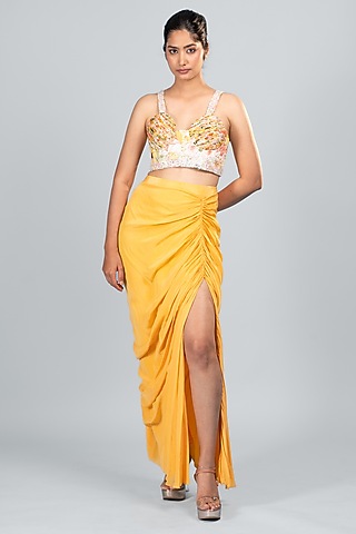 Orange Silk Draped Skirt Set by Label Sayaanika