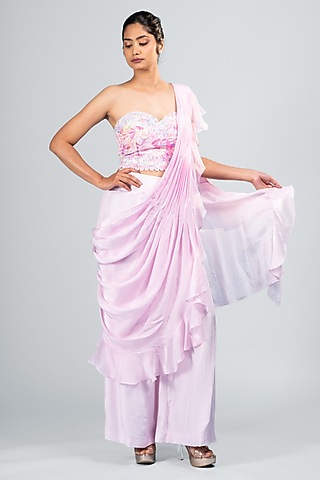Pink Organza & Silk Pre-Draped Pant Saree Set by Label Sayaanika