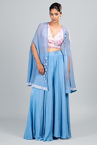 Blue Organza & Silk Flared Pant Set by Label Sayaanika