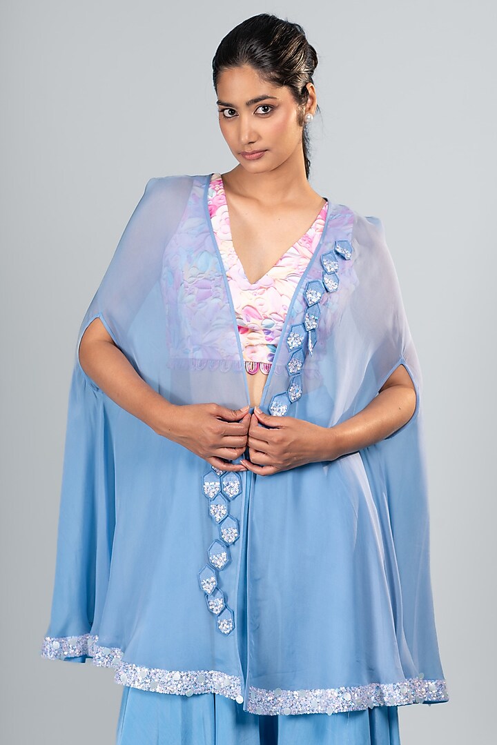 Blue Organza & Silk Flared Pant Set by Label Sayaanika at Pernia's Pop Up Shop