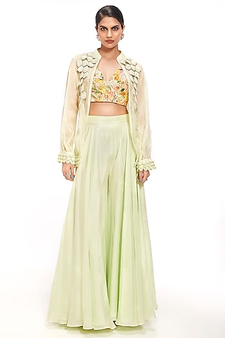 Mint Green Organza Flared Pant Set by Label Sayaanika
