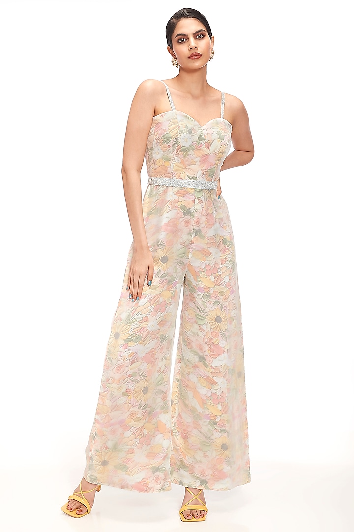 Blue Organza Floral Printed Jumpsuit With Belt by Label Sayaanika