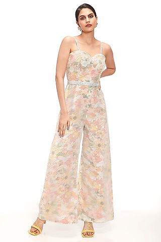 Blue Organza Floral Printed Jumpsuit With Belt by Label Sayaanika