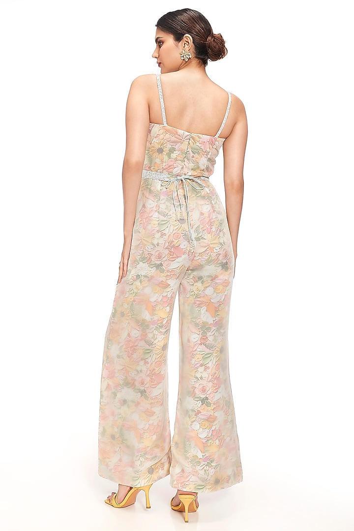 Blue Organza Floral Printed Jumpsuit With Belt by Label Sayaanika at Pernia's Pop Up Shop