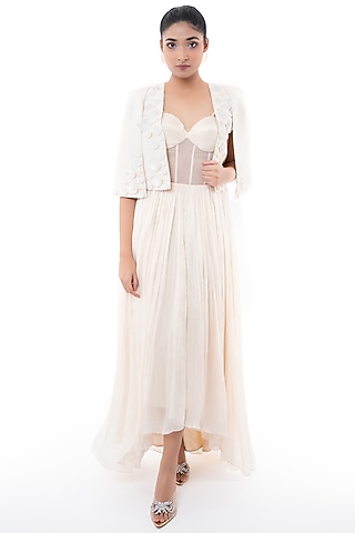 Off-White Viscose Tabby & Dola Silk Jacket Maxi Corset Dress by Label Sayaanika