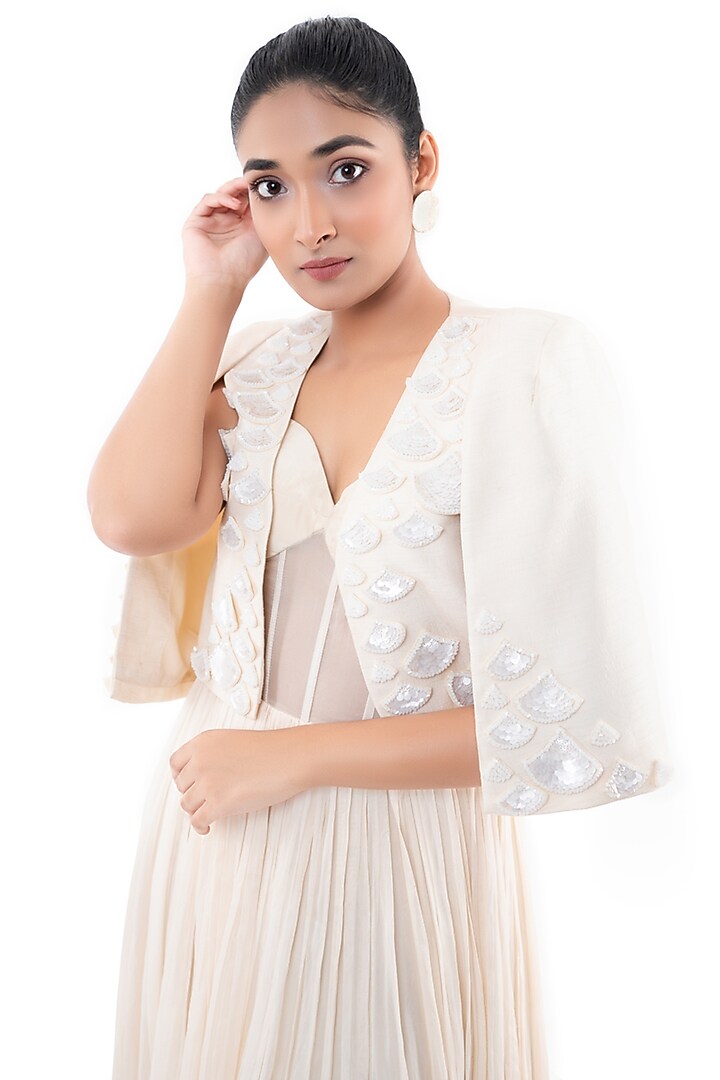 Off-White Viscose Tabby & Dola Silk Jacket Maxi Corset Vacation Dress by Label Sayaanika at Pernia's Pop Up Shop