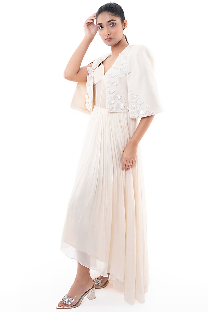 Off-White Viscose Tabby & Dola Silk Jacket Maxi Corset Vacation Dress by Label Sayaanika at Pernia's Pop Up Shop