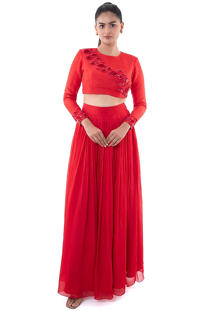 Red Viscose Tabby & Dola Silk Flared Skirt Set by Label Sayaanika at Pernia's Pop Up Shop