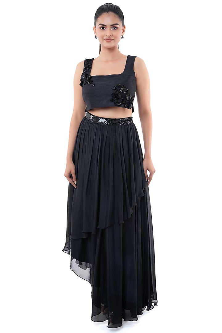 Black Viscose Tabby & Dola Silk Embellished Skirt Set by Label Sayaanika at Pernia's Pop Up Shop