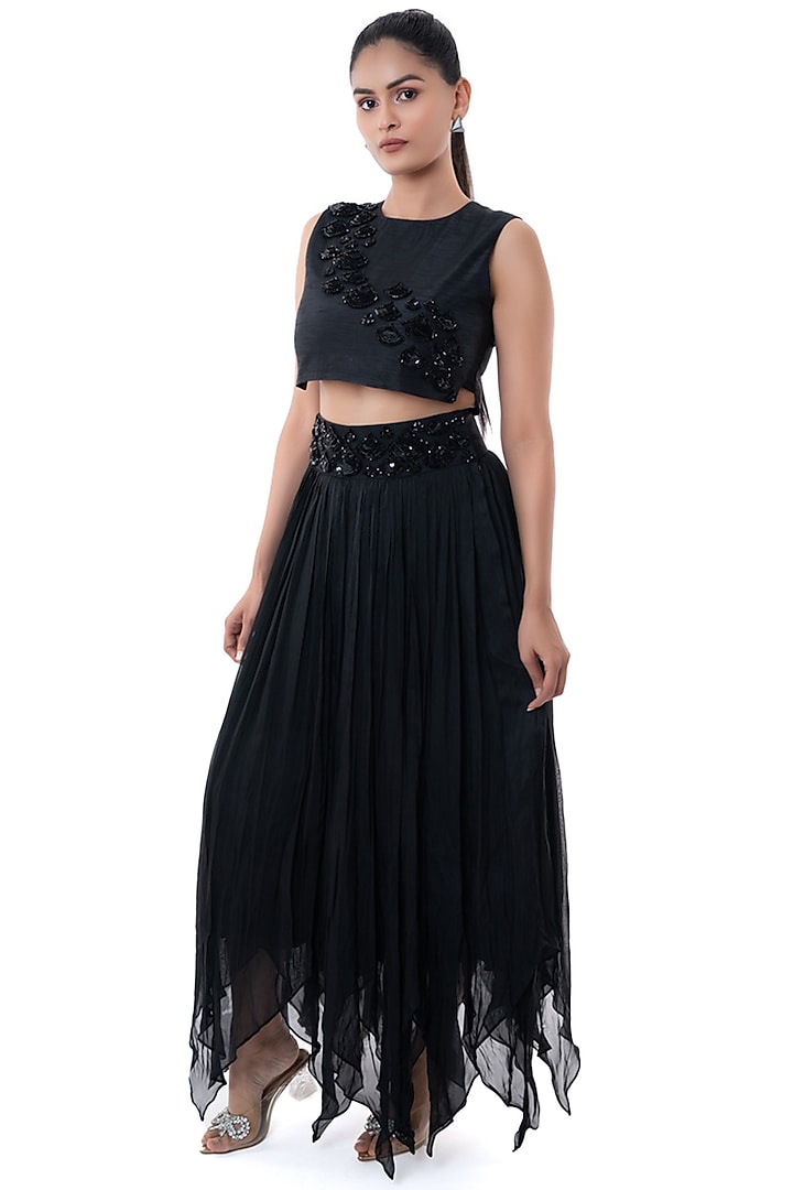 Black Viscose Tabby & Dola Silk Embellished Skirt Set by Label Sayaanika at Pernia's Pop Up Shop