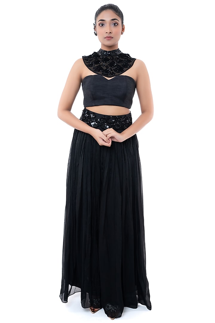 Black Viscose Tabby & Dola Silk Embellished Skirt Set by Label Sayaanika at Pernia's Pop Up Shop