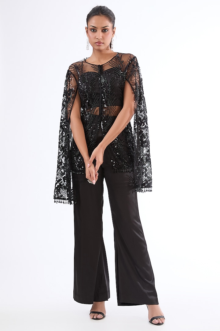 Black Tulle Glass Beads Embroidered Jacket Set by LASHA
