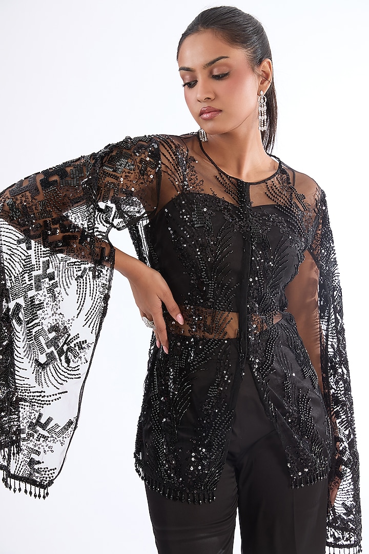Black Tulle Glass Beads Embroidered Jacket Set by LASHA at Pernia's Pop Up Shop