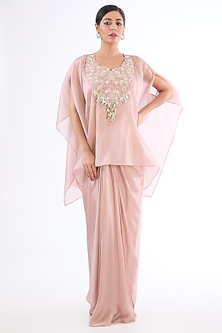 Pink Organza Embellished Kaftan Set by LASHA