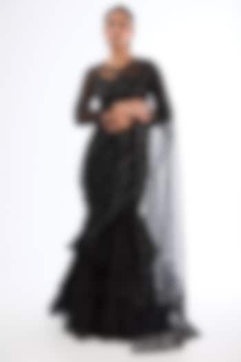 Black Organza & Tulle Embroidered Layered Draped Skirt Saree Set by LASHA