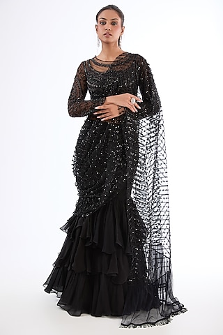 Black Organza & Tulle Embroidered Layered Draped Skirt Saree Set by LASHA